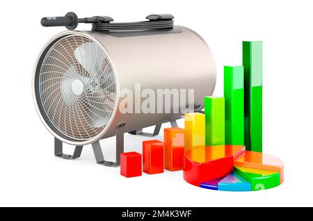 Riscaldatore a soffiante con grafico a barre di crescita e grafico a torta, rendering 3D isolato su sfondo bianco Foto Stock