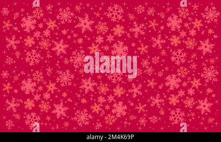 Vari fiocchi di neve e stelle su sfondo rosso - illustrazione digitale. Foto Stock