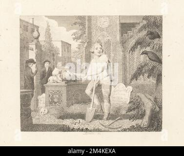 I Ravens, il Sexton e il Earth-Worm. Un cimitero si erge con una pala accanto ad una tomba con un effigie di pietra in un cimitero. Cranio e verme nella terra scavata. Incisione su copperplate di William Blake dopo un'illustrazione di Hubert Francois Bourguignon Gravelot di Fables di John Gay, con una vita dell'autore, John Stockdale, Londra, 1793. Foto Stock