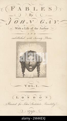 Pagina del titolo calligrafico al Volume 1 con vignettatura di maschera drammatica. Incisione su copperplate di Brown da Fables di John Gay, con a Life of the Author, John Stockdale, Londra, 1793. Foto Stock