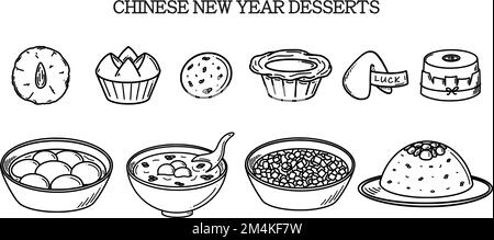 CNY Celebration, Chinese New Year Dessert illustrazione vettoriale in stile doodle. Disegno tradizionale di cucina asiatica. Illustrazione Vettoriale