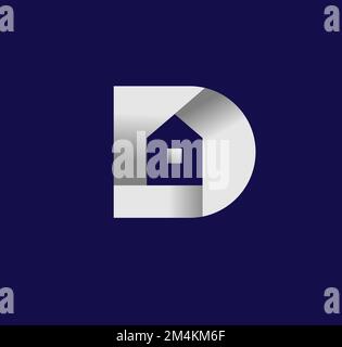 Un bel disegno color argento di una lettera d con una casa al centro su un blu Illustrazione Vettoriale