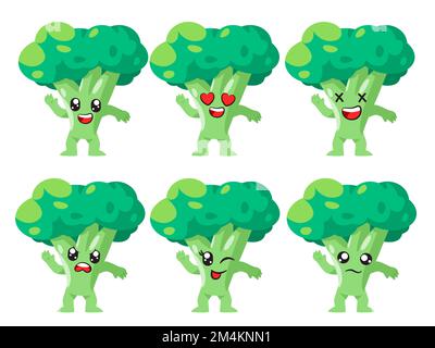 Verde broccoli cartone animato vegetale personaggio adorabile espressione viso felice triste amava ballare buon cartone animato Illustrazione Vettoriale