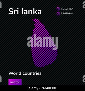 Mappa piatta vettoriale al neon digitale dello Sri Lanka con righe viola, viola, rosa su sfondo nero. Banner educativo, poster sullo Sri Illustrazione Vettoriale