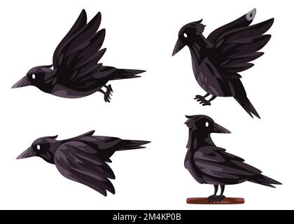 Nero corvo uccello gotico corvo corvus posa mosca stand illustrazione grafica Illustrazione Vettoriale