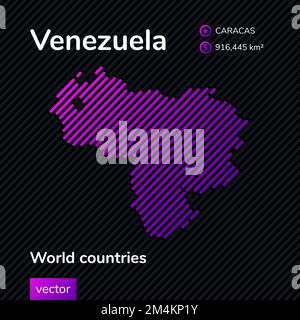 Mappa piatta vettoriale al neon digitale del Venezuela con righe viola, viola, rosa su sfondo nero. Banner didattico, poster su Ven Illustrazione Vettoriale