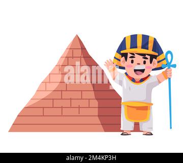 I bambini in egitto il re del faraone posa davanti all'illustrazione di disegno della piramide Illustrazione Vettoriale