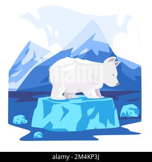 Orso polare nel fondente iceberg galleggiante specie minacciate simbolo del riscaldamento globale effetto cambiamento climatico nel polo nord Illustrazione Vettoriale