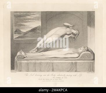 The Soul hovering over the Body reluctantly parting with Life (Plate VI). A woman's spirit looks down with shock at her corpse in a shroud on her deathbed. Mountains and clouds visible through a window. Copperplate engraving by Louis Schiavonetti after an original drawing by William Blake from Robert Blair’s The Grave, T. Bensley for Rudolph Ackermann, 1813. Foto Stock