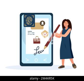 Esecuzione di contratti intelligenti, documenti di firma online, Blockchain Cryptocurrency Exchange, Finanza e tecnologia Concept.Mobile Personal Data Protection.Bi Foto Stock