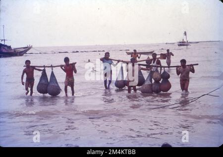 Il Kolis, una comunità di pescatori tradizionale nel Maharashtra. Koli, la casta dei pescatori originali – la principale occupazione di Koli è la pesca. Principalmente sono pescatore e barcaiolo. Sono abili in vari metodi di pesca marittima e fluviale e sono regolarmente impiegati come lavoratori su un traghetto. La loro connessione con l'acqua ha portato a diventare il portatore di acqua per gli indù. Foto Stock