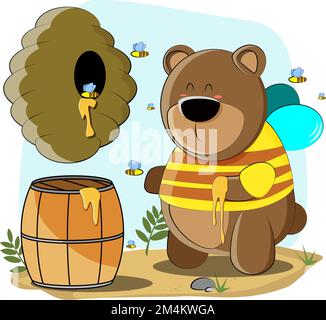 grazioso orso peloso vestito come un'ape per raccogliere il miele Illustrazione Vettoriale