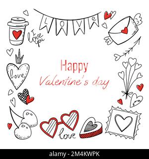 raccolta di elementi di doodle e testo felice giorno di san valentino Illustrazione Vettoriale