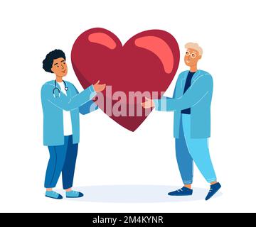 Sanità, trapianti, donazione di sangue personaggi maschili e femminili in uniforme medica, medici, infermieri portano enorme cuore e sangue goccia nelle mani. D Foto Stock