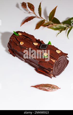 Rotolo di torta al cioccolato dolce a forma di tronco con nocciole Foto Stock