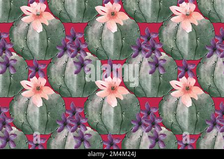 Motivo senza cuciture con succulenti e fiori di cactus. Illustrazione del disegno a mano con acquerello. Design per cartoline, banner, inviti Foto Stock