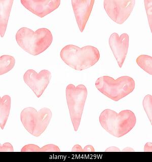 Acquerello cuori pastello senza cuciture motivo, San Valentino sfondo corallo, dipinti a mano morbida motivi primavera rosa. Cuore delicato, carta digitale, Val Foto Stock
