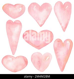 Acquerello cuori pastello, San Valentino elementi, clipart. Clip a molla rosa tenue dipinta a mano. Cuore delicato, carta digitale, corallo cuore set, Val Foto Stock