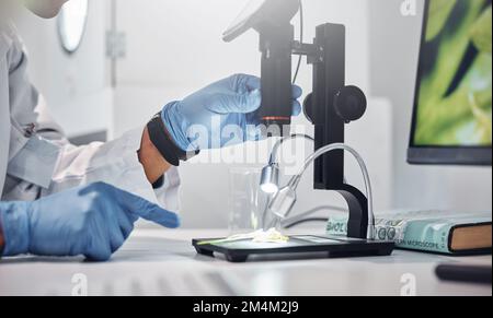 Microscopio da laboratorio, mani di scienziato e analisi di batteri, virus o ricerca di soluzioni mediche. Laboratorio scientifico, strumenti e guanti dpi per la sicurezza Foto Stock