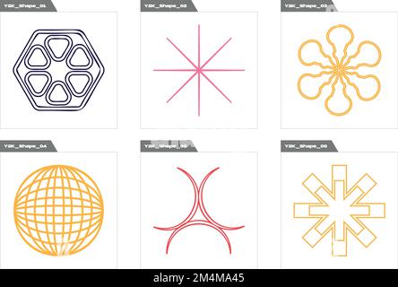 Raccolta di Y2K elementi. Grande collezione di simboli geometrici grafici astratti. Forme astratte moderne. Illustrazione Vettoriale