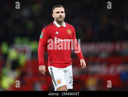 Manchester, Inghilterra, 21st dicembre 2022. Luke Shaw del Manchester United durante la partita della Carabao Cup a Old Trafford, Manchester. L'immagine di credito dovrebbe essere: Darren Staples / Sportimage Foto Stock