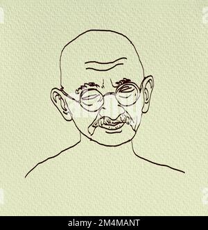 Semplice disegno di linea di Mahatma Gandhi, illustrazione di Mohandas Karamchand Gandhi o mahatma Gandhi, grande combattente indiano di libertà che ha promosso.Padre Foto Stock