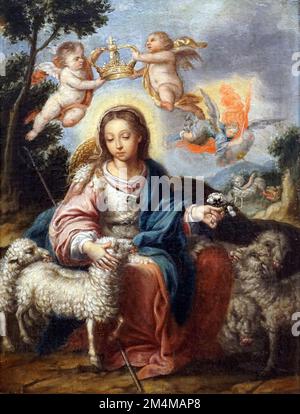 Pastorella divina di Alonso Miguel de Tovar (1678-1758). Pittrice barocca spagnola. Divina Pastora. Foto Stock