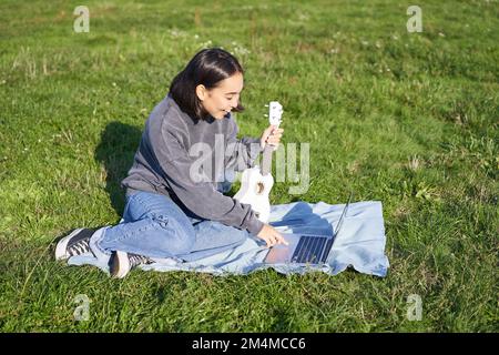 Felice ragazza asiatica sorridente godendo il tempo di primavera, giocando ukulele nel parco, alla ricerca di accordi online sul computer portatile, imparando una nuova canzone Foto Stock