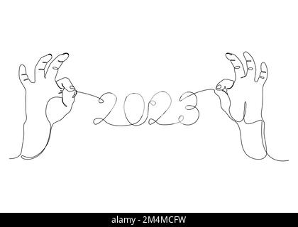 Una linea continua di due mani che tiene una stringa con 2023 numero. Concetto di vettore di illustrazione a linea sottile. Disegno di contorno idee creative. Illustrazione Vettoriale