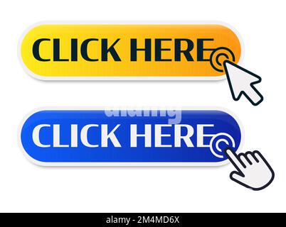 Fare clic qui con il cursore. Impostare per il design del sito Web pulsante. Fare clic sul pulsante. Pulsante d'azione moderno con simbolo del mouse Illustrazione Vettoriale
