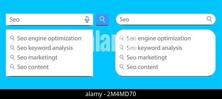 Modelli di barre di ricerca impostati con elenco a comparsa o risultati di ricerca. Modello vettoriale piatto per browser internet o pagina web con elementi di ricerca Illustrazione Vettoriale