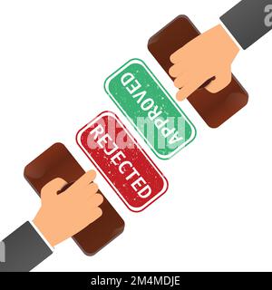Le mani hanno rifiutato e approvato i moduli di reclamo o di prestito di accreditamento, i fogli di carta e le illustrazioni del vettore di disegno di stile piatto dei timbri. Verificare o rifiutare il documento Illustrazione Vettoriale