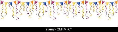 Confetti nastri garland con bandiere festive colorate, banner orizzontale per il compleanno, Purim, Mardi Gras disegni. Illustrazione acquerello isolata su w Foto Stock
