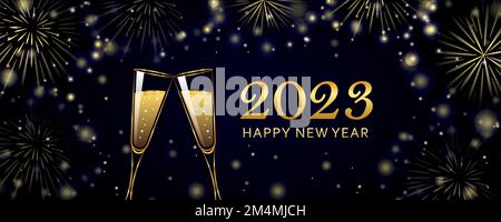 buon anno 2023 biglietto di auguri champagner e fuochi d'artificio d'oro Illustrazione Vettoriale