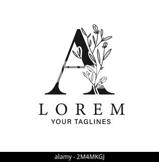 Lettera iniziale nera A con volute e decorazioni floreali Illustrazione Vettoriale