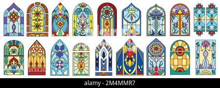 Set piatto di colorate vetrate di edifici di chiese d'epoca. Decorazioni a mosaico gotiche colorate per l'interno della cattedrale cattolica, del castello, dell'antica cappella, del palazzo o della casa religiosa. Illustrazione Vettoriale