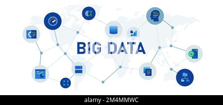 Concetto di database dei big data illustrato icone blu interconnesse sfondo bianco intestazione larga formato aziendale Illustrazione Vettoriale