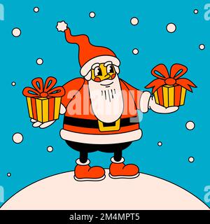 Buon Natale e felice anno nuovo trendy cartoni animati retrò. Babbo Natale di Natale con i regali alla bramosa hippie. Caratteri ed elementi vettoriali Cartoon. Illustrazione Vettoriale