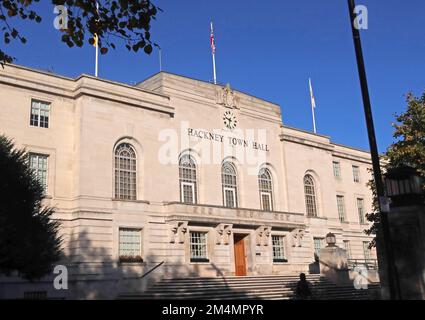Municipio di Hackney, edificio municipale, sede del Consiglio comunale di Hackney London Borough, Mare Street, Hackney, Londra, Inghilterra, REGNO UNITO, E8 1EA Foto Stock