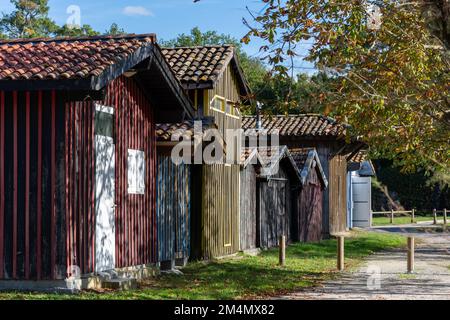 Biganos (Arcachon Bay, Francia), le case colorate in legno del porto di pesca Foto Stock