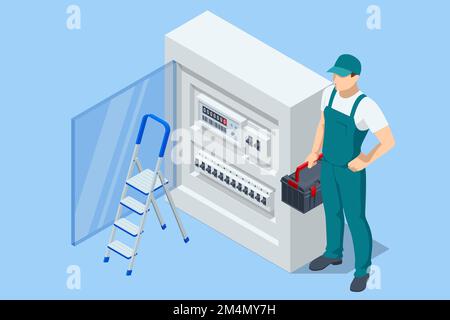 Quadro elettrico isometrico. Trasformatore. Quadro di distribuzione. Tecnico elettrico che esegue il controllo elettrico o la riparazione del trasformatore Illustrazione Vettoriale