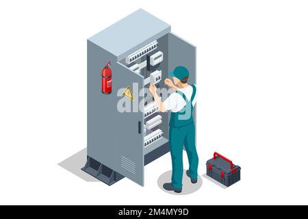 Quadro elettrico isometrico. Trasformatore. Quadro di distribuzione. Tecnico elettrico che esegue il controllo elettrico o la riparazione del trasformatore Illustrazione Vettoriale