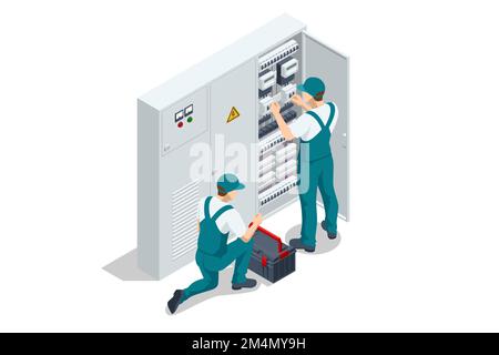 Quadro elettrico isometrico. Trasformatore. Quadro di distribuzione. Tecnico elettrico che esegue il controllo elettrico o la riparazione del trasformatore Illustrazione Vettoriale