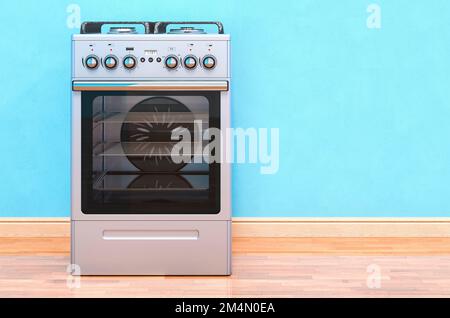 Gamma di gas con forno e 4 bruciatori in ambiente vicino alla parete, 3D rendering Foto Stock