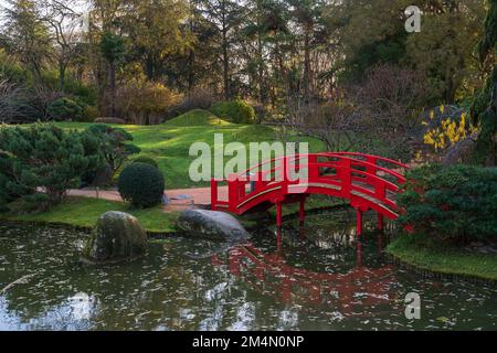 Vista panoramica sul paesaggio nel giardino giapponese Pierre Baudis con tradizionale ponte di legno rosso sullo stagno con massi, Tolosa, Francia Foto Stock