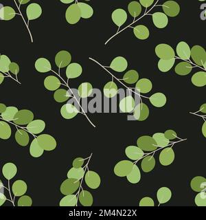 Semplice modello senza cuciture con foglie di eucalipto in dollari d'argento e rami su sfondo nero. Texture floreale per il design tessile, biglietti d'auguri e. Illustrazione Vettoriale