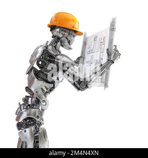 Ingegnere robot caposquadra in un elmetto con disegni di costruzione. Concetto di tecnologia di intelligenza artificiale Android, umanoide o cyborg. Immagine 3D Foto Stock