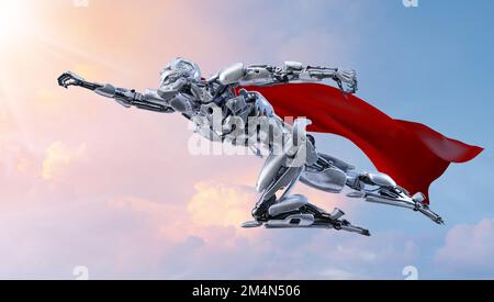 Robot supereroe in volo. Android, umanoide o cyborg potenza intelligenza artificiale concetto di tecnologia. Illustrazione 3D. Foto Stock