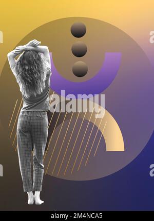 Collage d'arte contemporanea. La ragazza guarda alla figura astratta, l'idea di equilibrio ed equilibrio Foto Stock