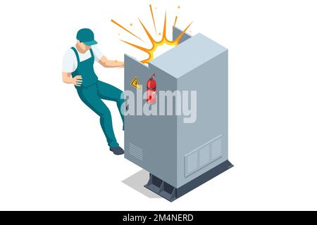 Quadro elettrico isometrico. Trasformatore. Quadro di distribuzione. Quadro degli interruttori di alimentazione elettrica. Trasformatore danneggiato e corto circuito con scintilla Illustrazione Vettoriale